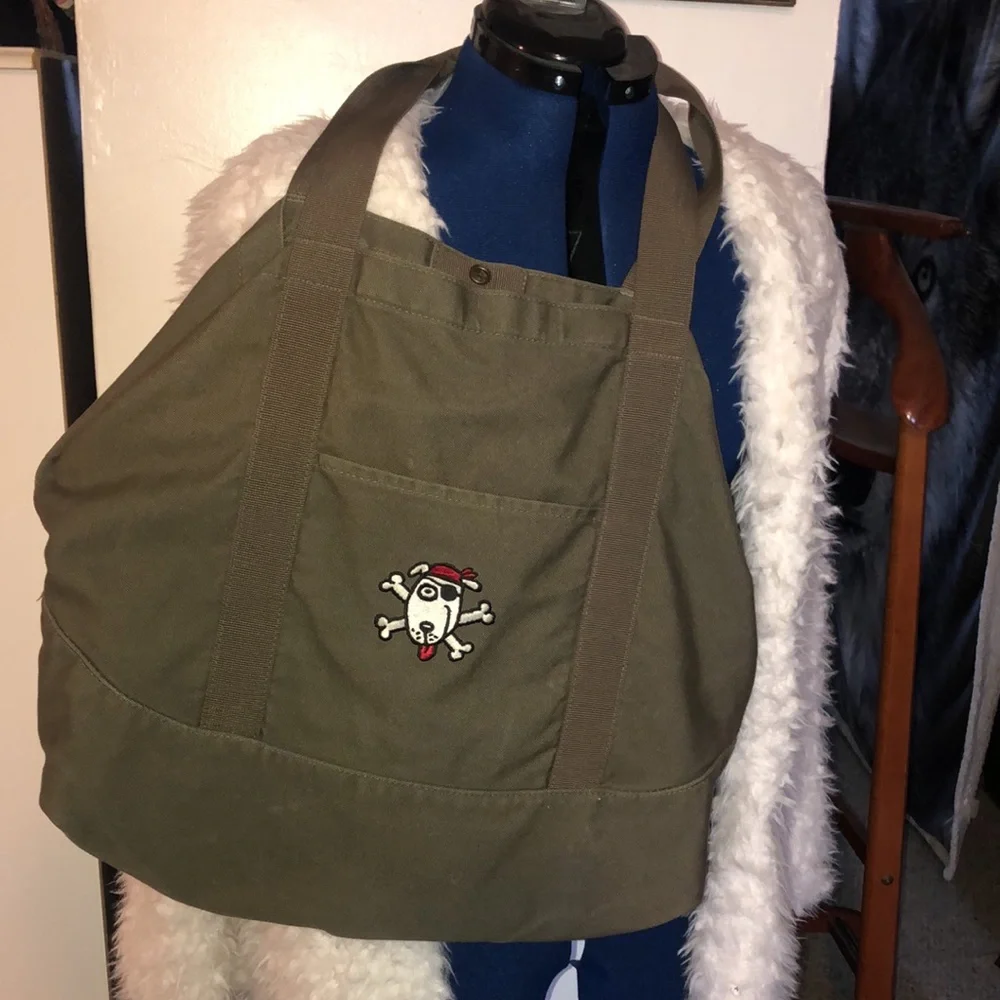 Pirate dog canvas tote bag, large, string sturdy, eco friendly, pockets.